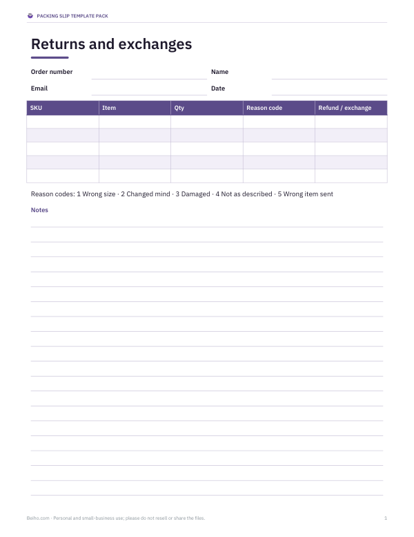 Preview of Returns and Exchange Form Template