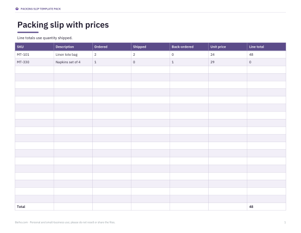 Preview of Packing Slip with Prices